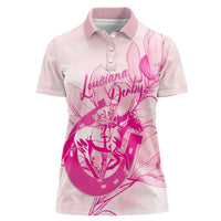 Personalized Louisiana Horse Racing Derby Women Polo Shirt Magnolia Blossom Horseshoe Pastel Pink