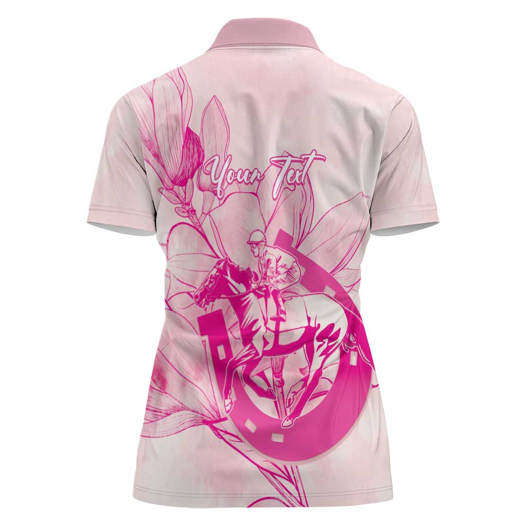 Personalized Louisiana Horse Racing Derby Women Polo Shirt Magnolia Blossom Horseshoe Pastel Pink
