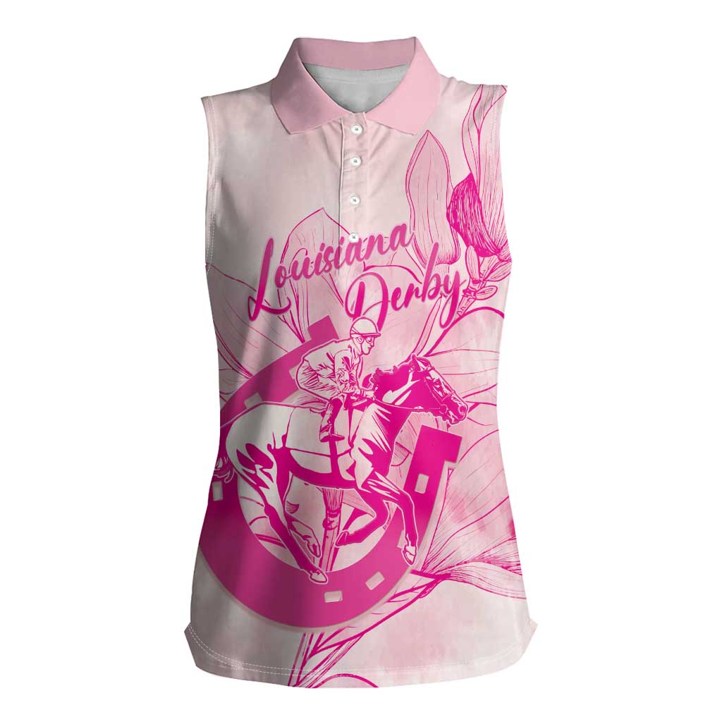 Personalized Louisiana Horse Racing Derby Women Sleeveless Polo Shirt Magnolia Blossom Horseshoe Pastel Pink