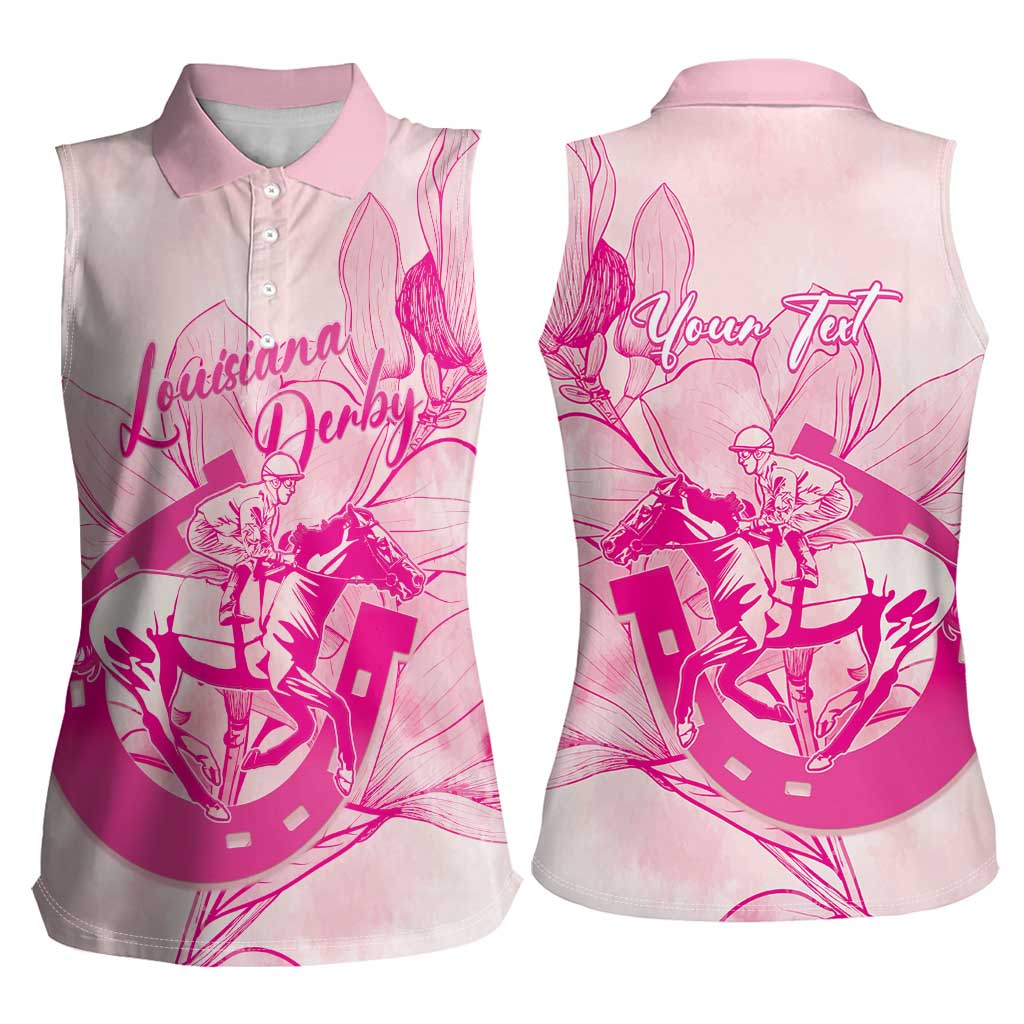 Personalized Louisiana Horse Racing Derby Women Sleeveless Polo Shirt Magnolia Blossom Horseshoe Pastel Pink