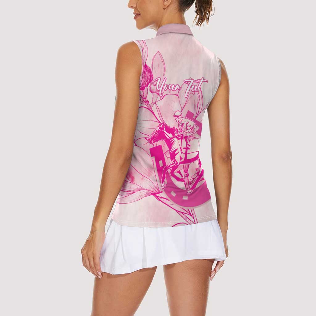 Personalized Louisiana Horse Racing Derby Women Sleeveless Polo Shirt Magnolia Blossom Horseshoe Pastel Pink