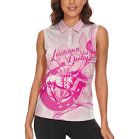 Personalized Louisiana Horse Racing Derby Women Sleeveless Polo Shirt Magnolia Blossom Horseshoe Pastel Pink