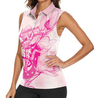 Personalized Louisiana Horse Racing Derby Women Sleeveless Polo Shirt Magnolia Blossom Horseshoe Pastel Pink