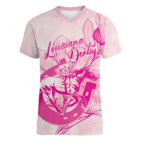 Personalized Louisiana Horse Racing Derby Women V-Neck T-Shirt Magnolia Blossom Horseshoe Pastel Pink