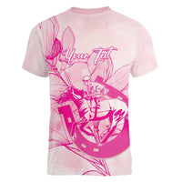 Personalized Louisiana Horse Racing Derby Women V-Neck T-Shirt Magnolia Blossom Horseshoe Pastel Pink