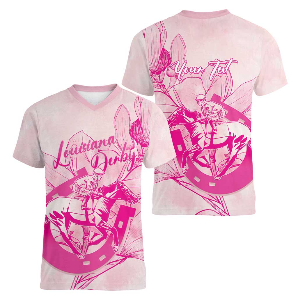 Personalized Louisiana Horse Racing Derby Women V-Neck T-Shirt Magnolia Blossom Horseshoe Pastel Pink