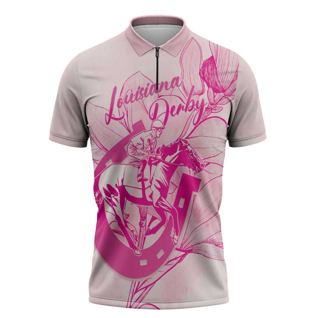 Personalized Louisiana Horse Racing Derby Zipper Polo Shirt Magnolia Blossom Horseshoe Pastel Pink
