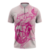 Personalized Louisiana Horse Racing Derby Zipper Polo Shirt Magnolia Blossom Horseshoe Pastel Pink