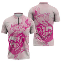 Personalized Louisiana Horse Racing Derby Zipper Polo Shirt Magnolia Blossom Horseshoe Pastel Pink