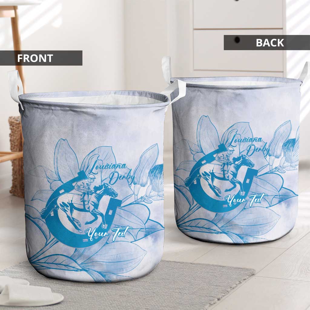 Personalized Louisiana Horse Racing Derby Laundry Basket Magnolia Blossom Horseshoe Pastel Blue
