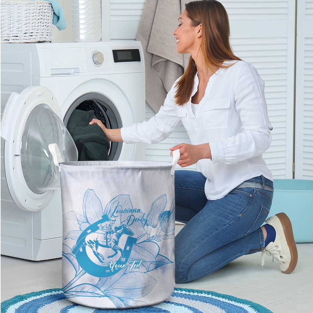 Personalized Louisiana Horse Racing Derby Laundry Basket Magnolia Blossom Horseshoe Pastel Blue