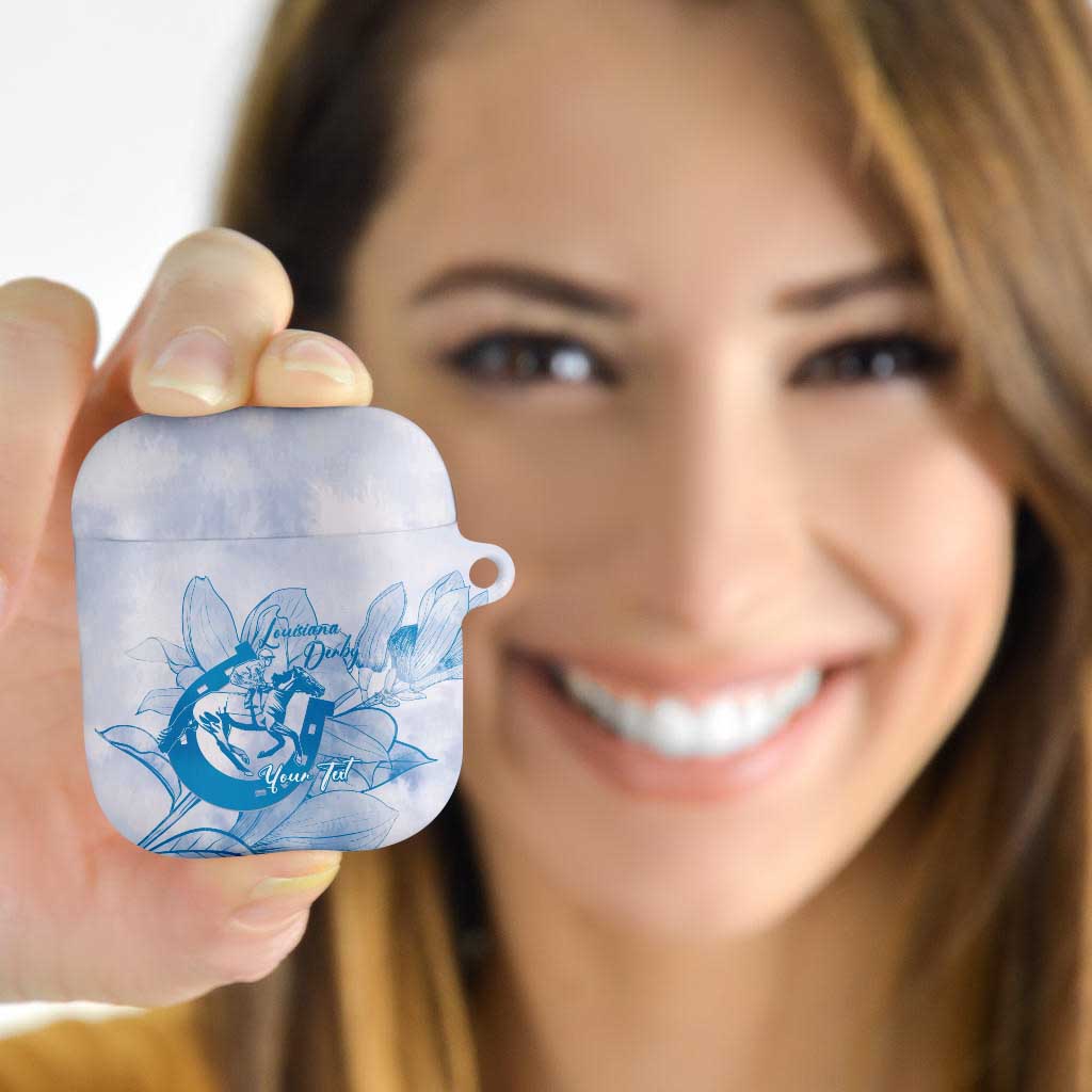 Personalized Louisiana Horse Racing Derby AirPods Case Magnolia Blossom Horseshoe Pastel Blue