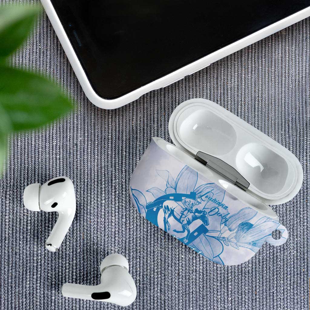 Personalized Louisiana Horse Racing Derby AirPods Case Magnolia Blossom Horseshoe Pastel Blue
