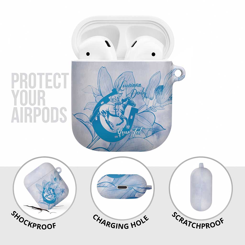 Personalized Louisiana Horse Racing Derby AirPods Case Magnolia Blossom Horseshoe Pastel Blue