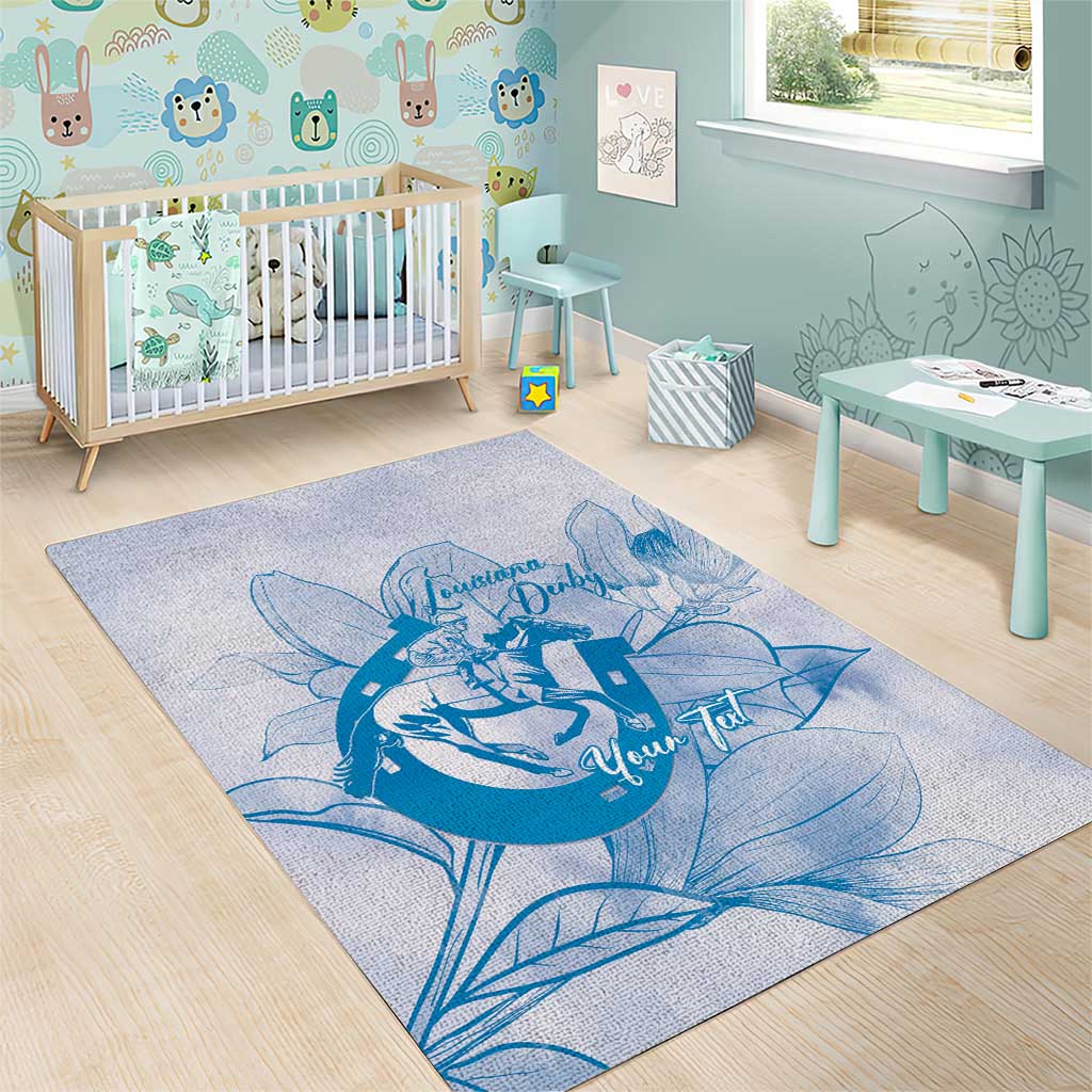 Personalized Louisiana Horse Racing Derby Area Rug Magnolia Blossom Horseshoe Pastel Blue
