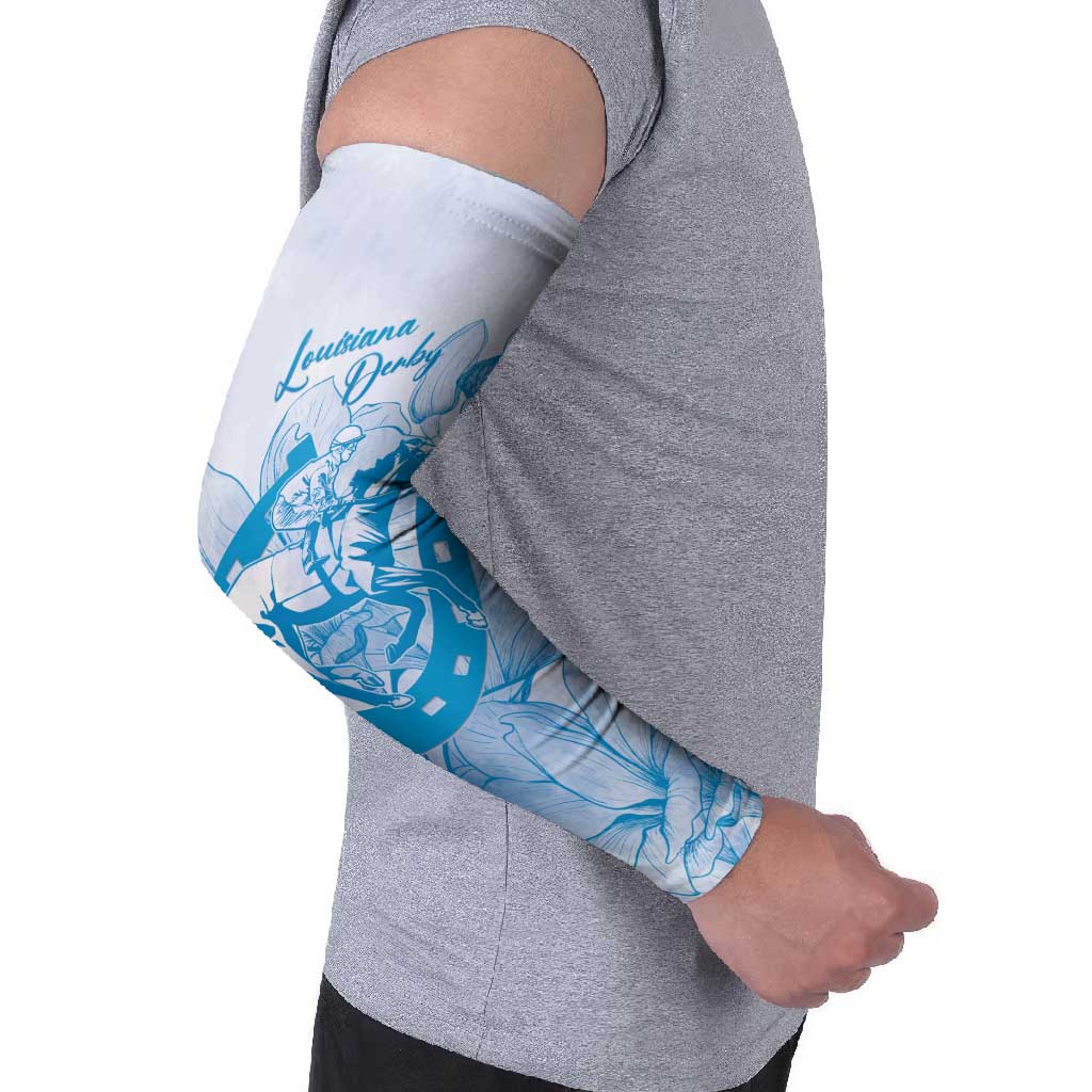 Personalized Louisiana Horse Racing Derby Arm Sleeves Magnolia Blossom Horseshoe Pastel Blue