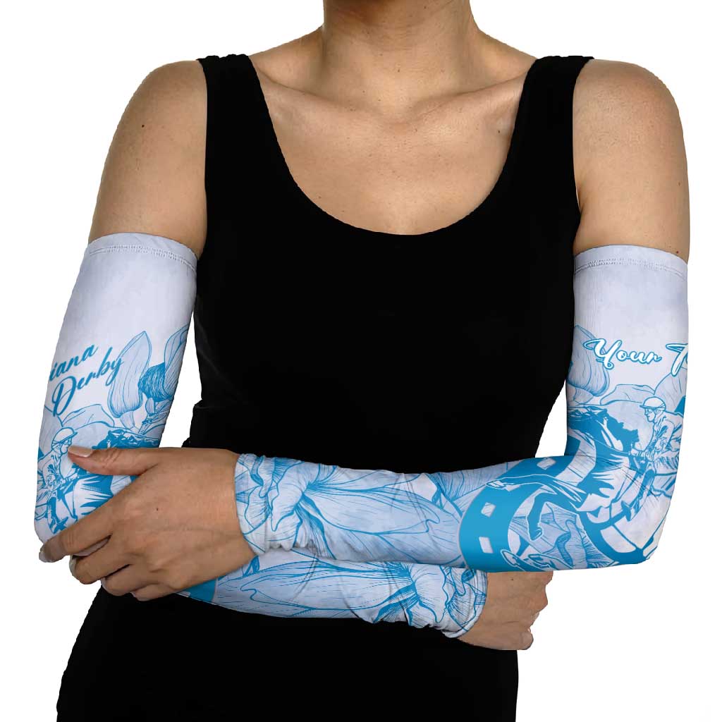 Personalized Louisiana Horse Racing Derby Arm Sleeves Magnolia Blossom Horseshoe Pastel Blue