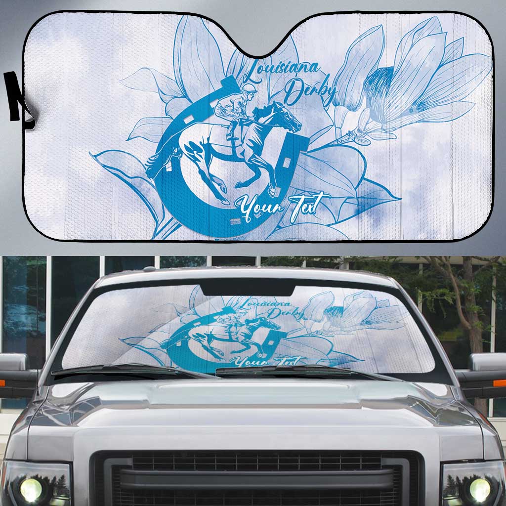 Personalized Louisiana Horse Racing Derby Auto Sun Shade Magnolia Blossom Horseshoe Pastel Blue