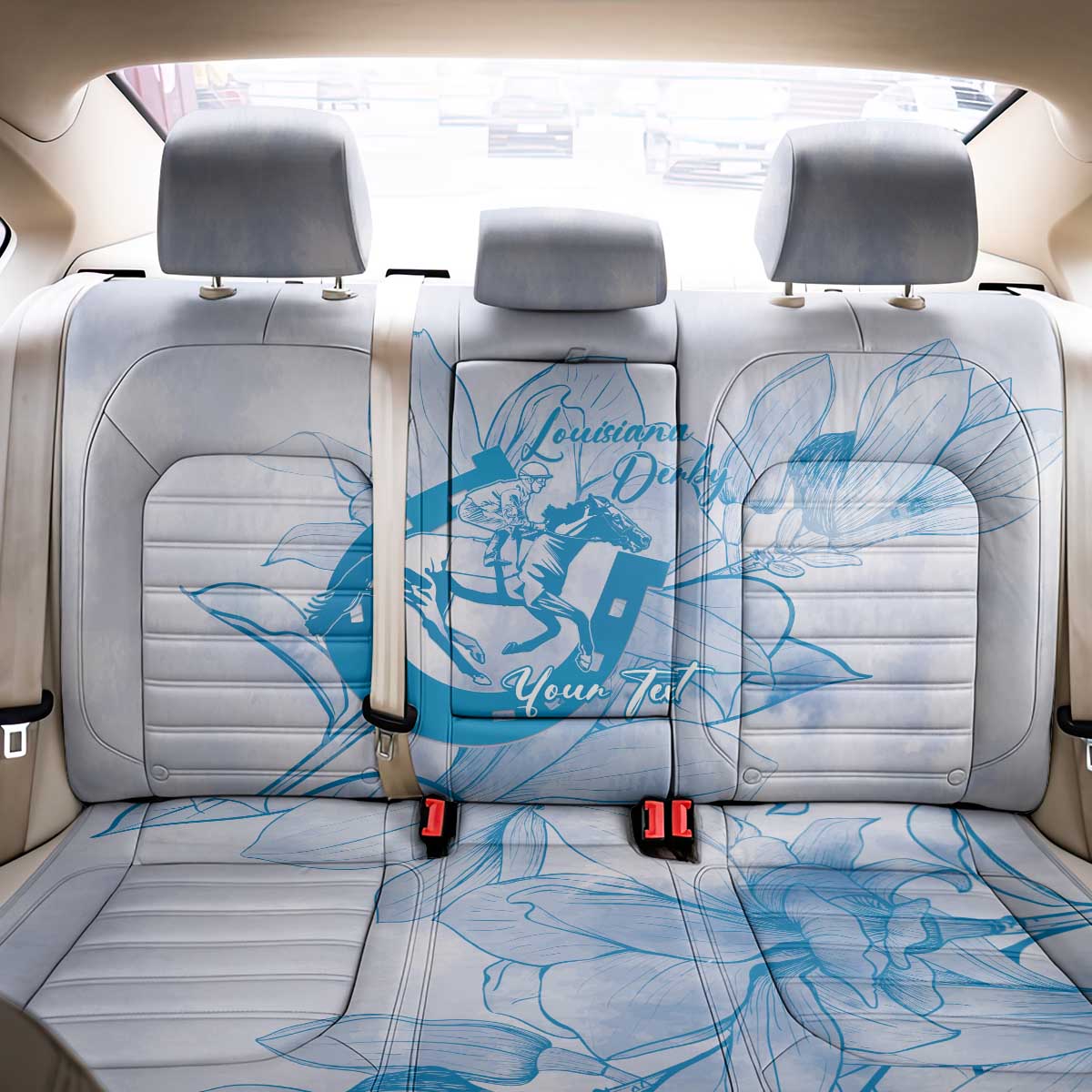 Personalized Louisiana Horse Racing Derby Back Car Seat Cover Magnolia Blossom Horseshoe Pastel Blue