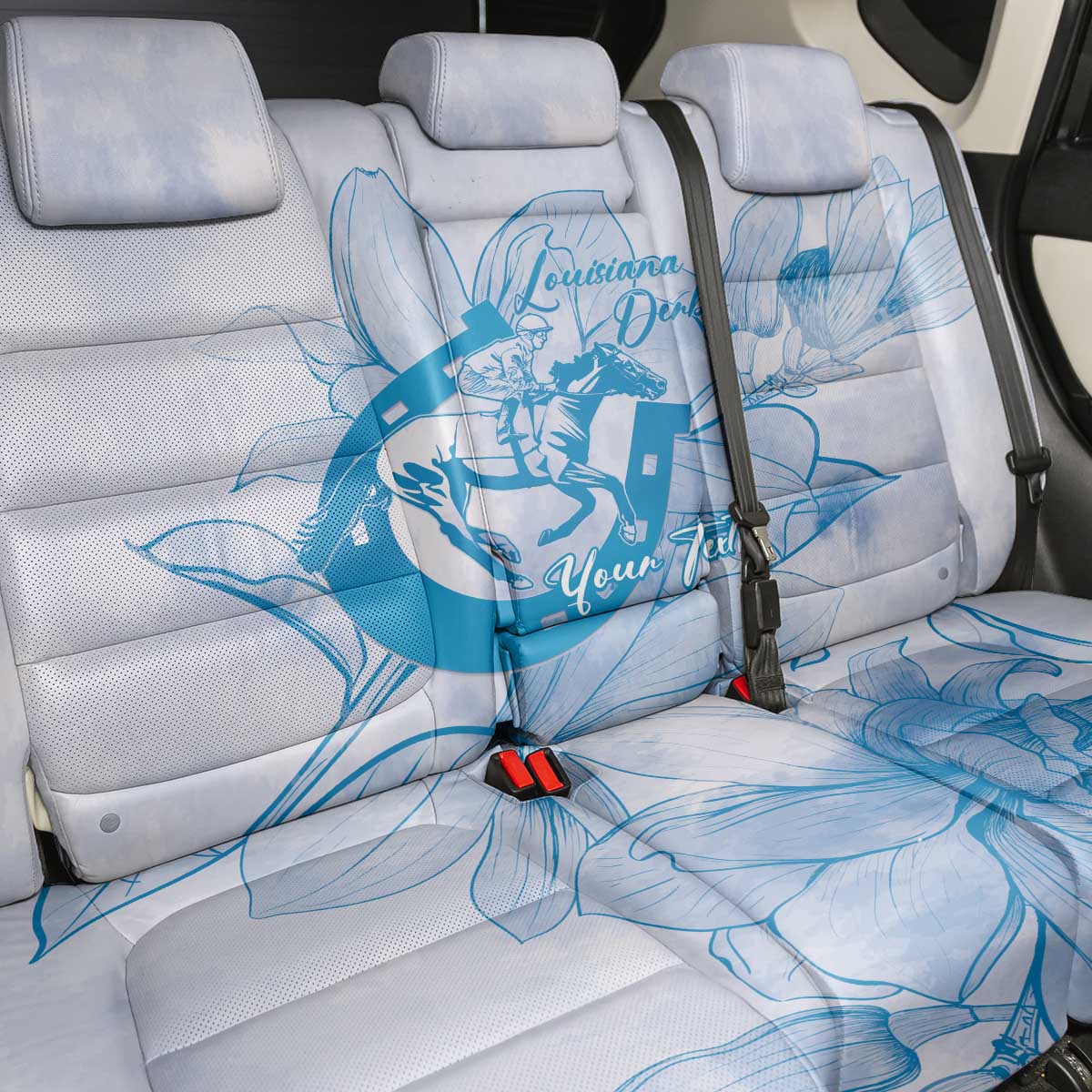 Personalized Louisiana Horse Racing Derby Back Car Seat Cover Magnolia Blossom Horseshoe Pastel Blue