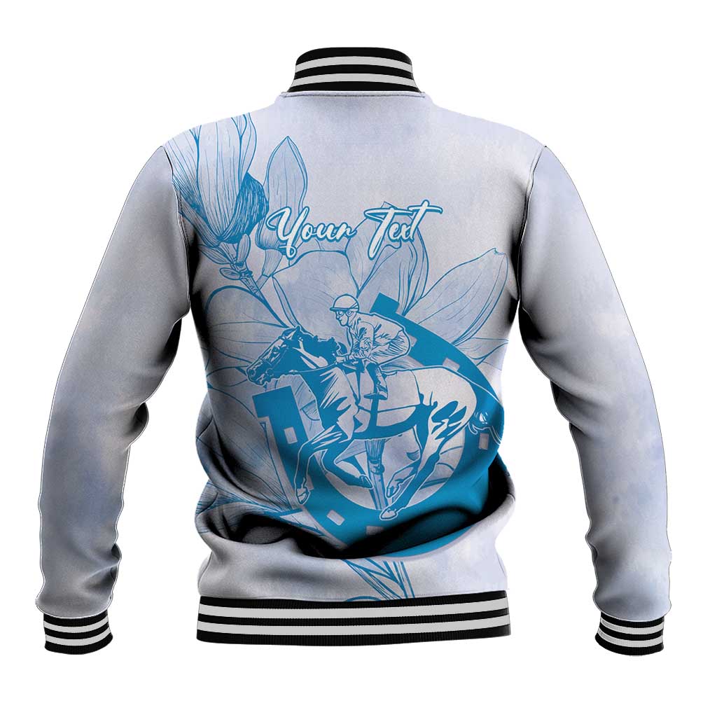 Personalized Louisiana Horse Racing Derby Baseball Jacket Magnolia Blossom Horseshoe Pastel Blue
