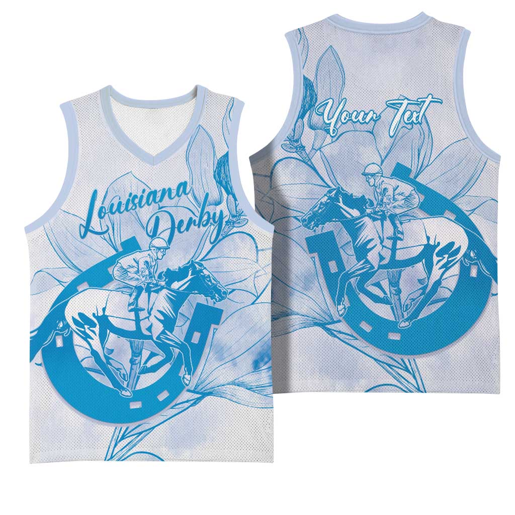 Personalized Louisiana Horse Racing Derby Basketball Jersey Magnolia Blossom Horseshoe Pastel Blue