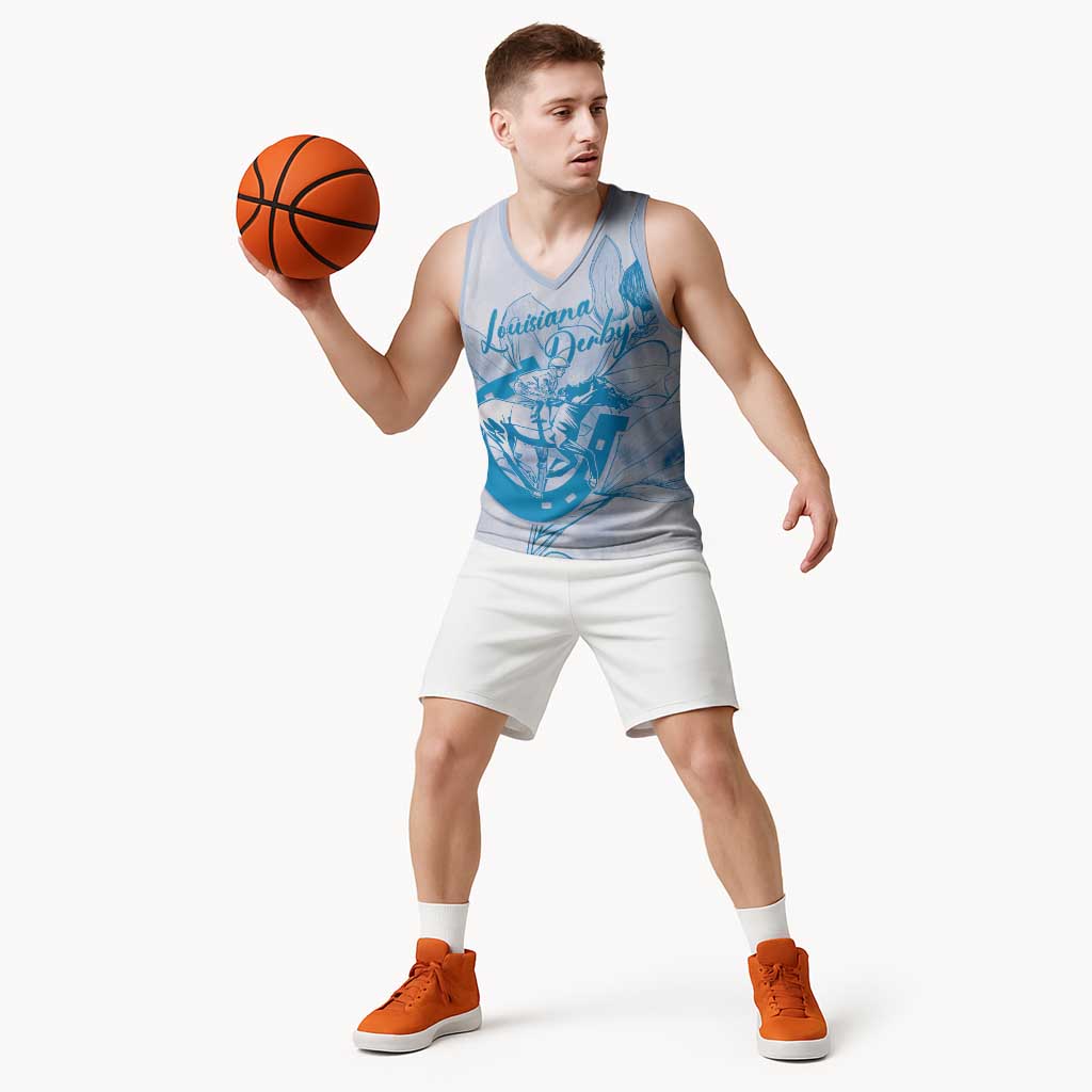 Personalized Louisiana Horse Racing Derby Basketball Jersey Magnolia Blossom Horseshoe Pastel Blue