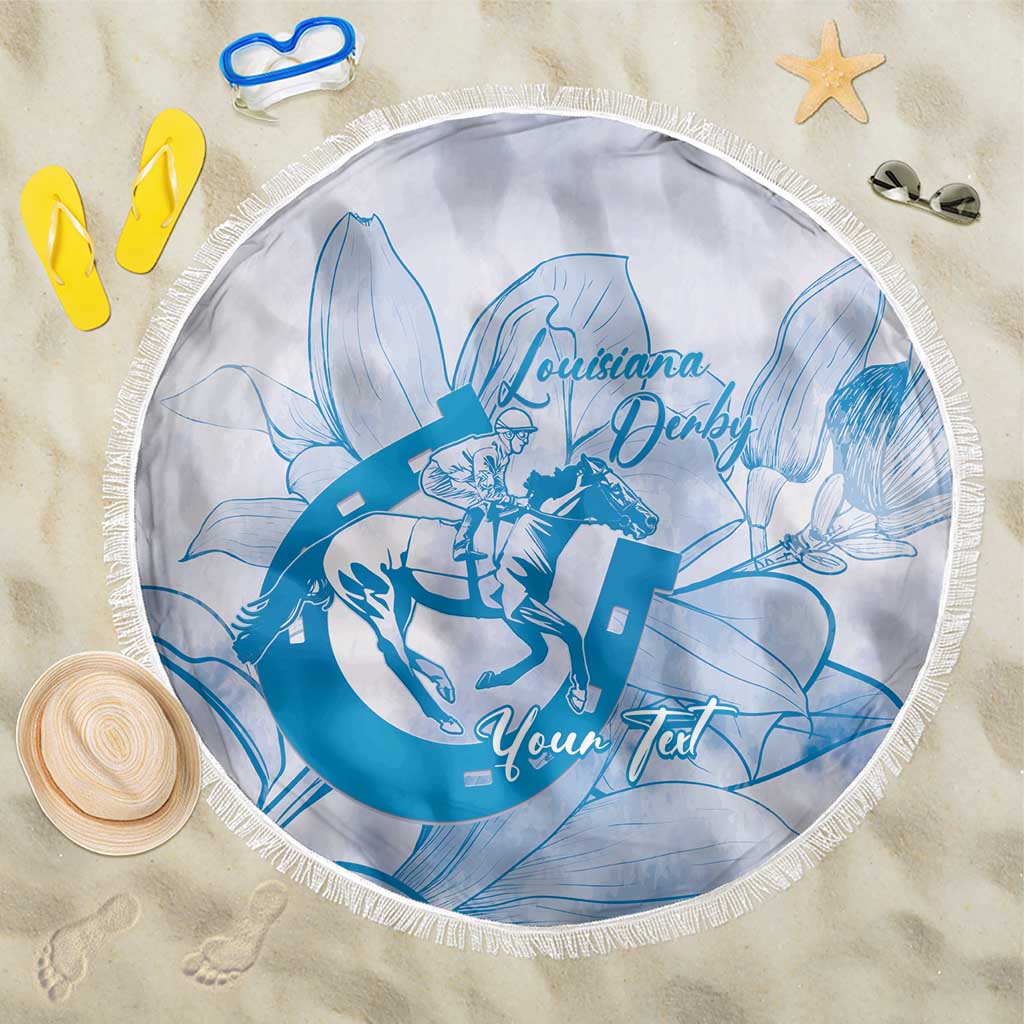 Personalized Louisiana Horse Racing Derby Beach Blanket Magnolia Blossom Horseshoe Pastel Blue