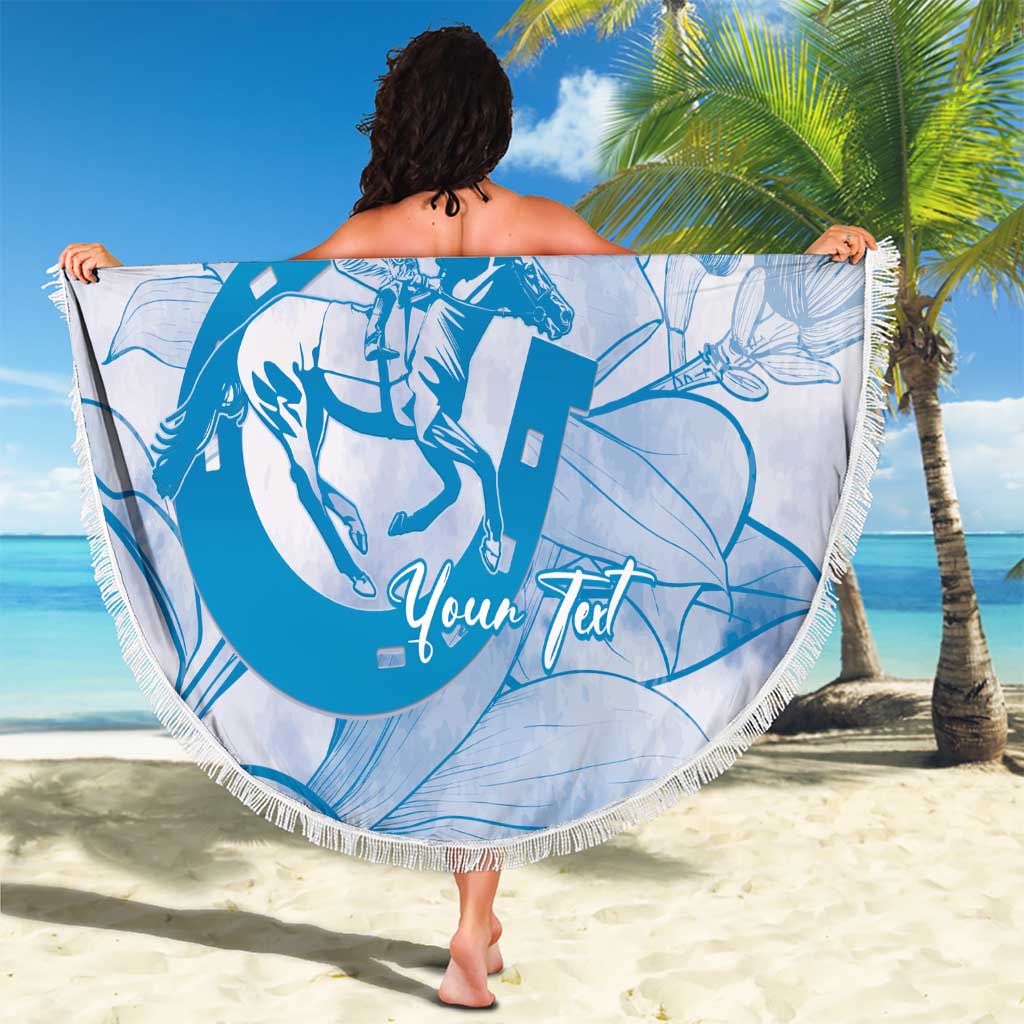 Personalized Louisiana Horse Racing Derby Beach Blanket Magnolia Blossom Horseshoe Pastel Blue
