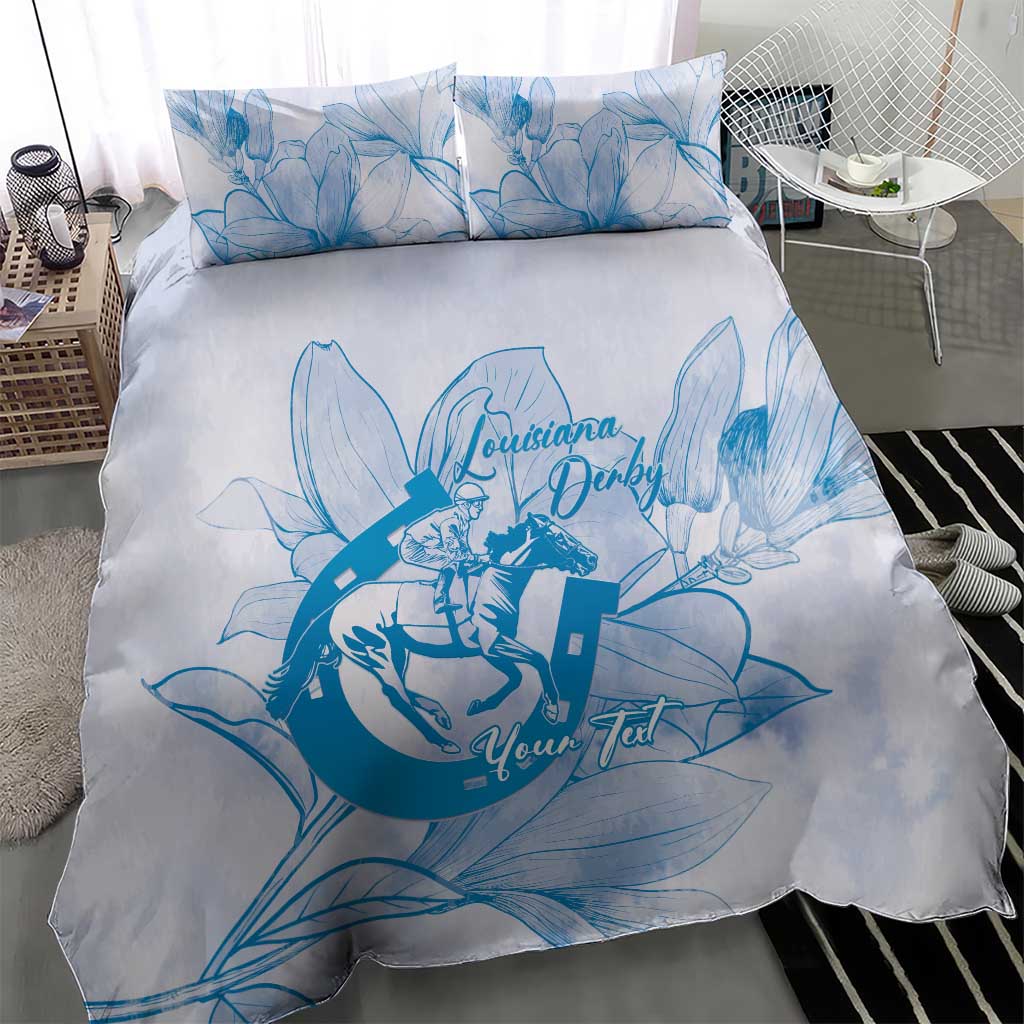 Personalized Louisiana Horse Racing Derby Bedding Set Magnolia Blossom Horseshoe Pastel Blue