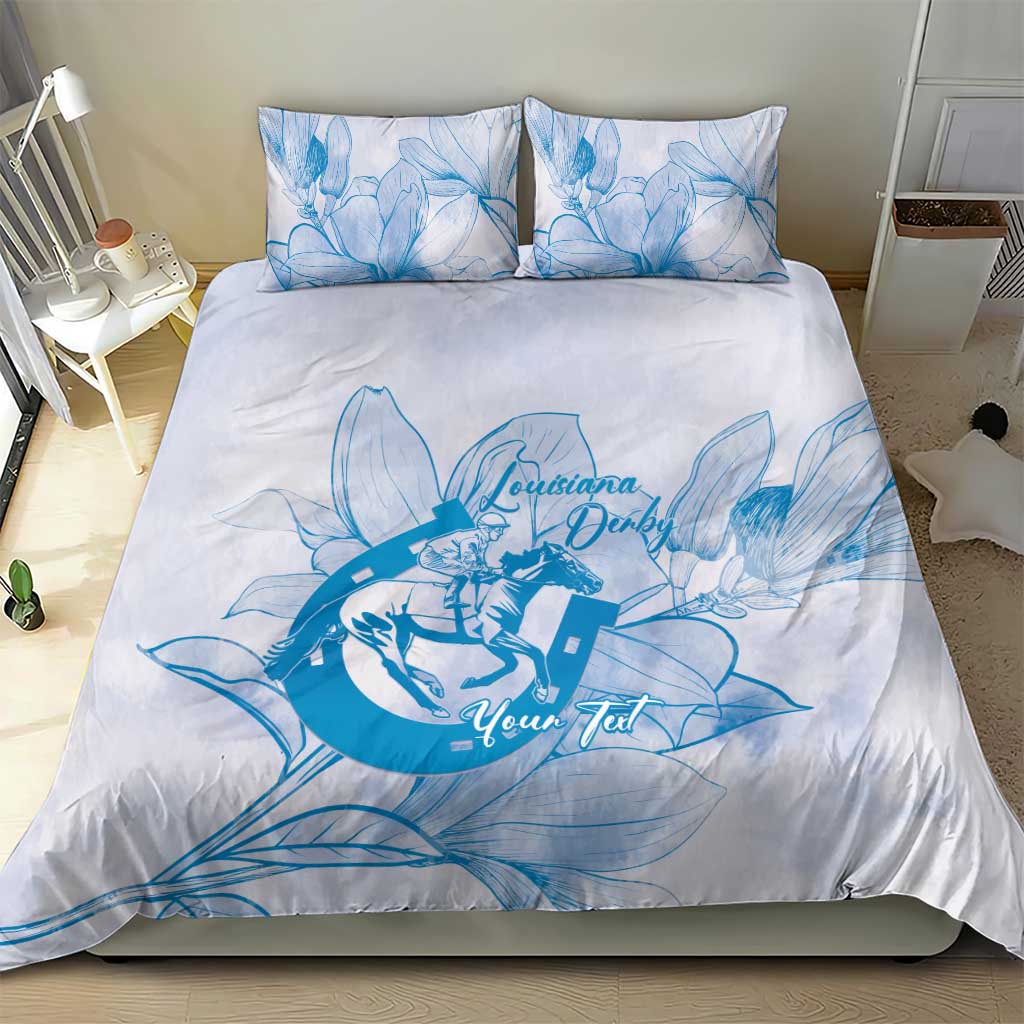 Personalized Louisiana Horse Racing Derby Bedding Set Magnolia Blossom Horseshoe Pastel Blue