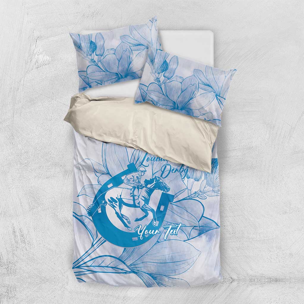 Personalized Louisiana Horse Racing Derby Bedding Set Magnolia Blossom Horseshoe Pastel Blue