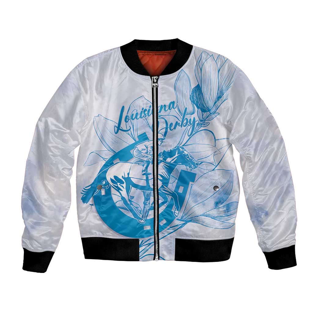 Personalized Louisiana Horse Racing Derby Bomber Jacket Magnolia Blossom Horseshoe Pastel Blue