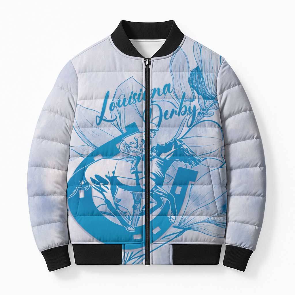 Personalized Louisiana Horse Racing Derby Bomber Puffer Jacket Magnolia Blossom Horseshoe Pastel Blue