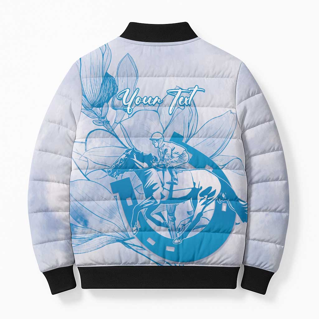 Personalized Louisiana Horse Racing Derby Bomber Puffer Jacket Magnolia Blossom Horseshoe Pastel Blue