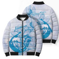 Personalized Louisiana Horse Racing Derby Bomber Puffer Jacket Magnolia Blossom Horseshoe Pastel Blue