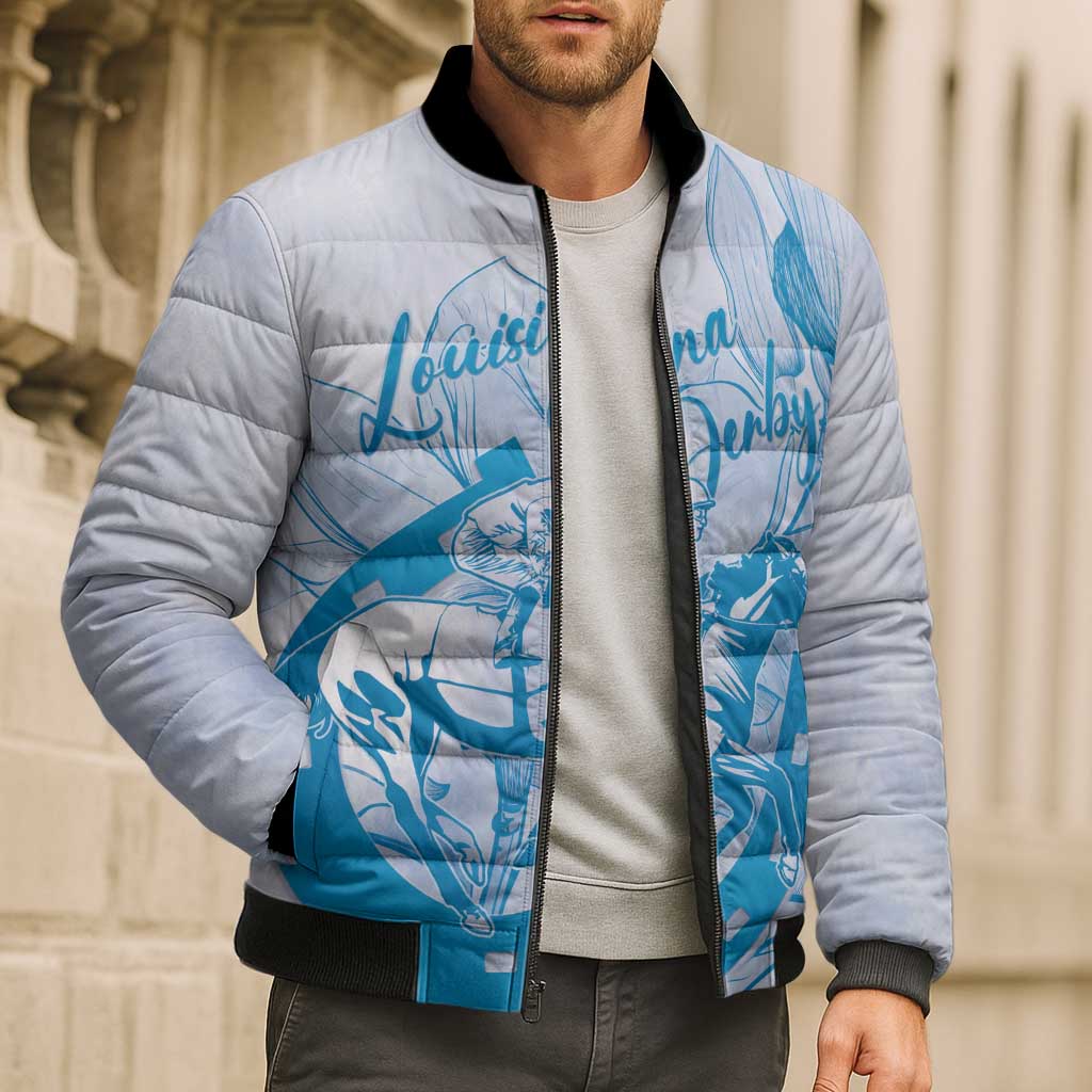 Personalized Louisiana Horse Racing Derby Bomber Puffer Jacket Magnolia Blossom Horseshoe Pastel Blue