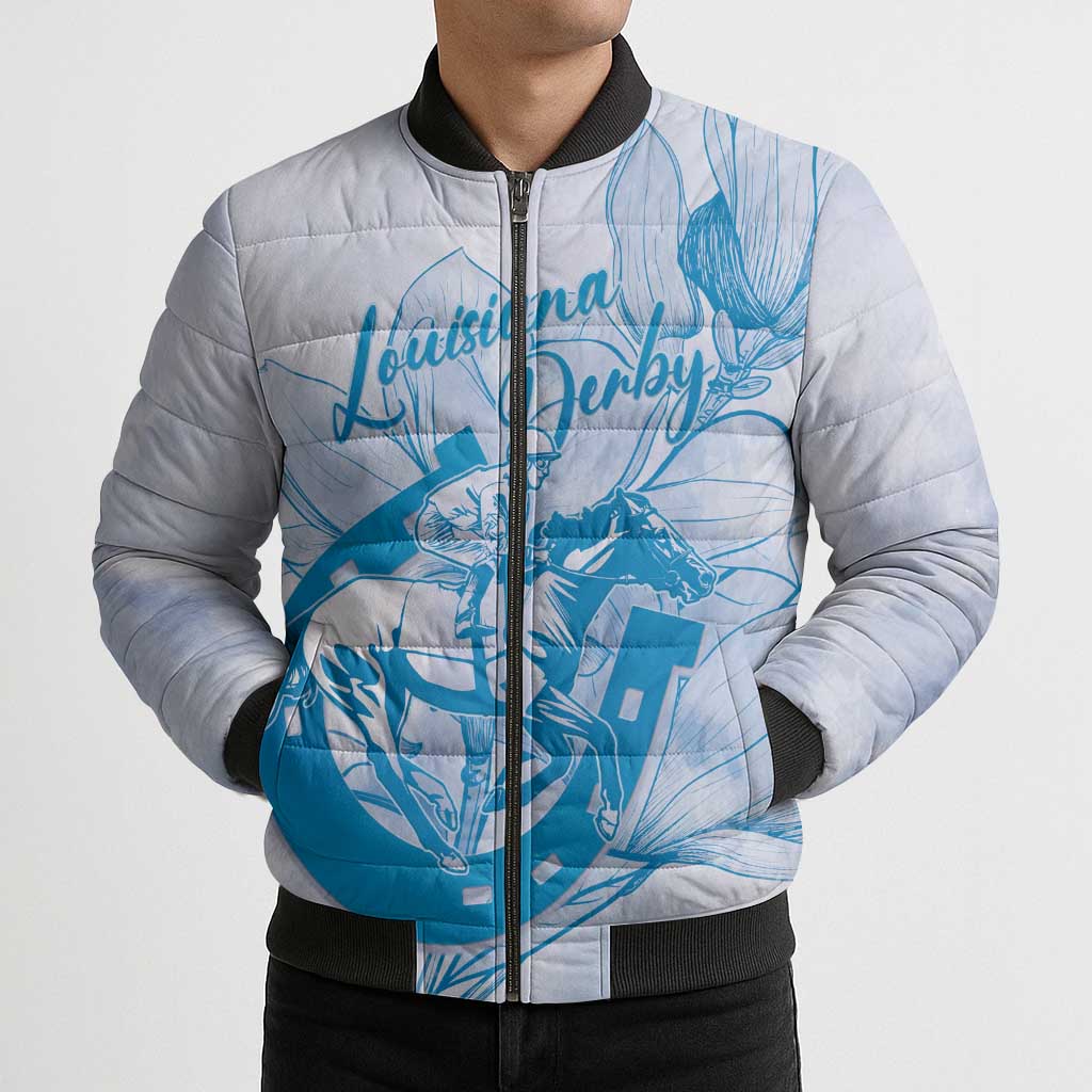 Personalized Louisiana Horse Racing Derby Bomber Puffer Jacket Magnolia Blossom Horseshoe Pastel Blue