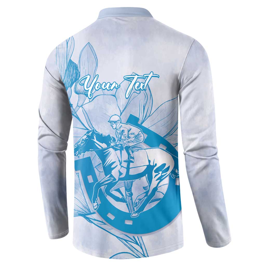 Personalized Louisiana Horse Racing Derby Button Sweatshirt Magnolia Blossom Horseshoe Pastel Blue