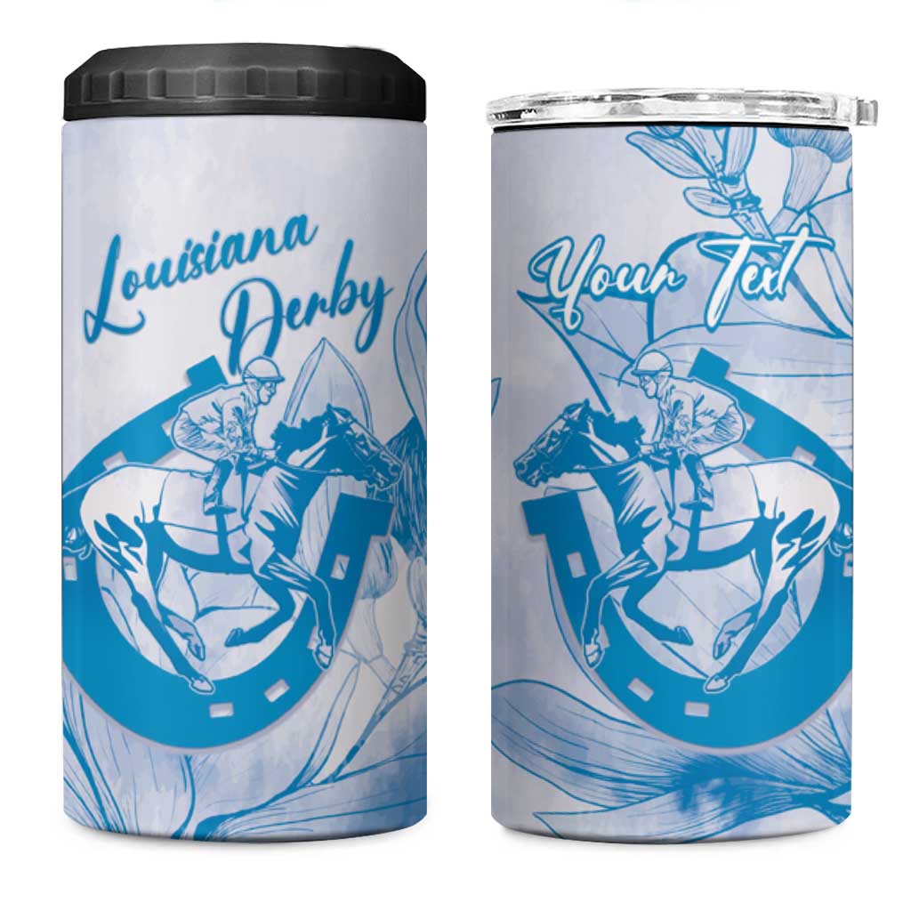 Personalized Louisiana Horse Racing Derby 4 in 1 Can Cooler Tumbler Magnolia Blossom Horseshoe Pastel Blue