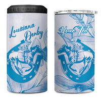 Personalized Louisiana Horse Racing Derby 4 in 1 Can Cooler Tumbler Magnolia Blossom Horseshoe Pastel Blue