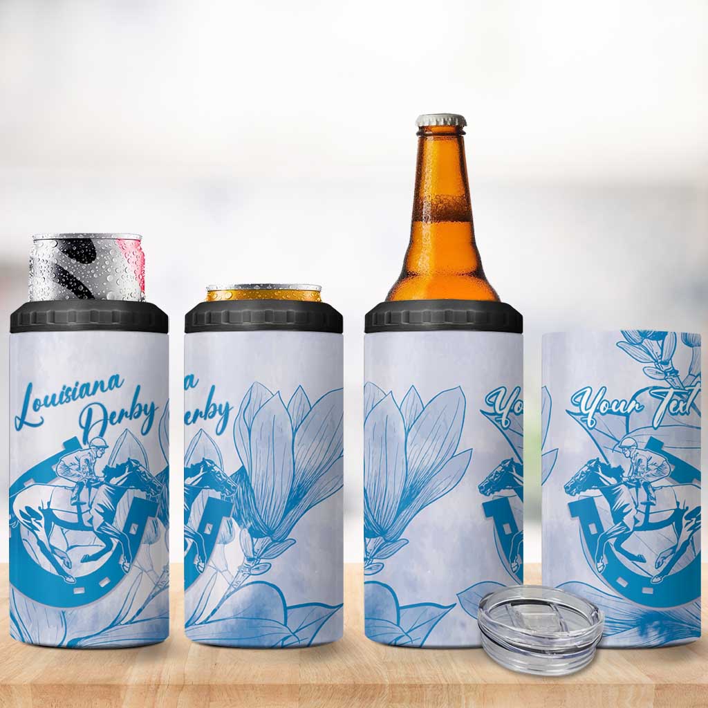 Personalized Louisiana Horse Racing Derby 4 in 1 Can Cooler Tumbler Magnolia Blossom Horseshoe Pastel Blue