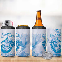 Personalized Louisiana Horse Racing Derby 4 in 1 Can Cooler Tumbler Magnolia Blossom Horseshoe Pastel Blue