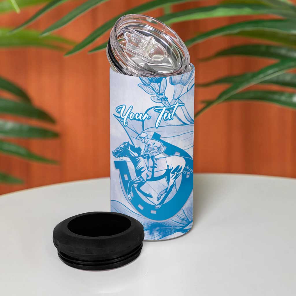 Personalized Louisiana Horse Racing Derby 4 in 1 Can Cooler Tumbler Magnolia Blossom Horseshoe Pastel Blue