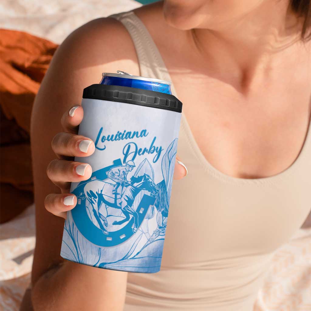 Personalized Louisiana Horse Racing Derby 4 in 1 Can Cooler Tumbler Magnolia Blossom Horseshoe Pastel Blue