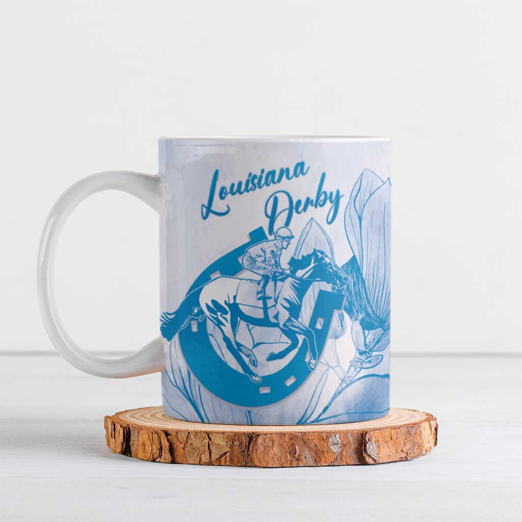 Personalized Louisiana Horse Racing Derby Ceramic Mug Magnolia Blossom Horseshoe Pastel Blue