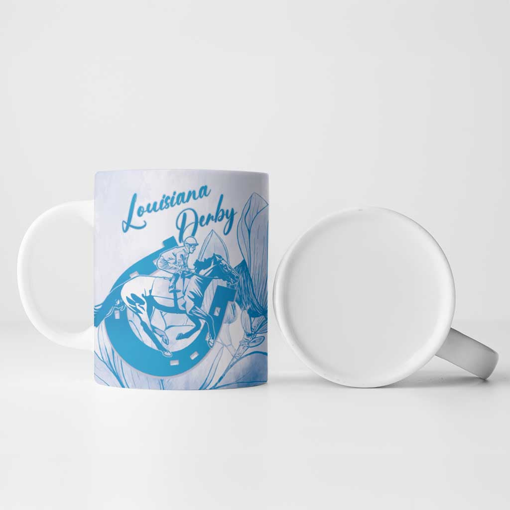 Personalized Louisiana Horse Racing Derby Ceramic Mug Magnolia Blossom Horseshoe Pastel Blue