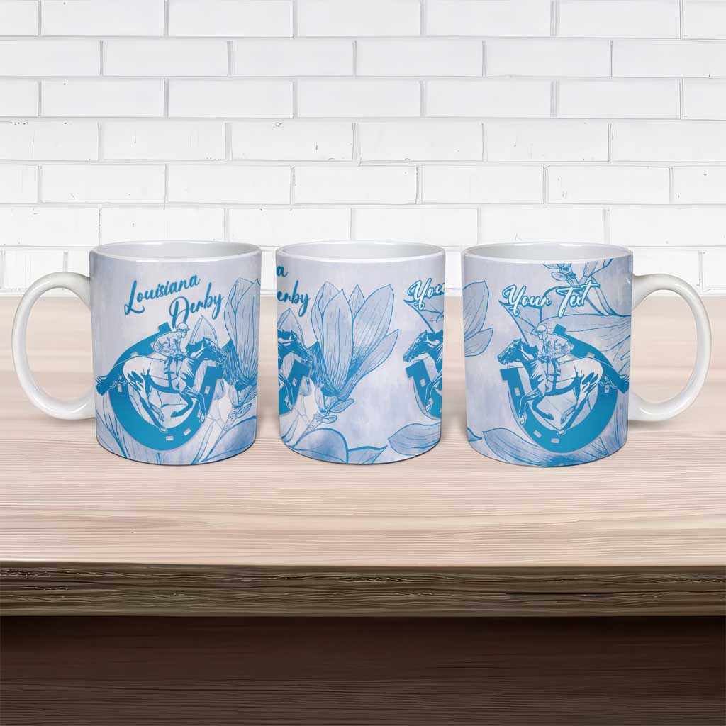 Personalized Louisiana Horse Racing Derby Ceramic Mug Magnolia Blossom Horseshoe Pastel Blue