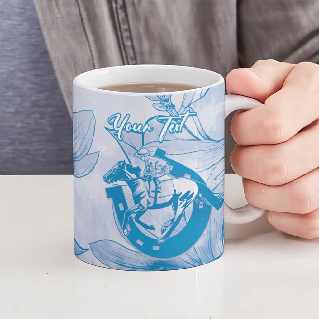 Personalized Louisiana Horse Racing Derby Ceramic Mug Magnolia Blossom Horseshoe Pastel Blue