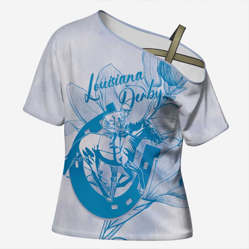 Personalized Louisiana Horse Racing Derby Cross Shoulder Shirt Magnolia Blossom Horseshoe Pastel Blue